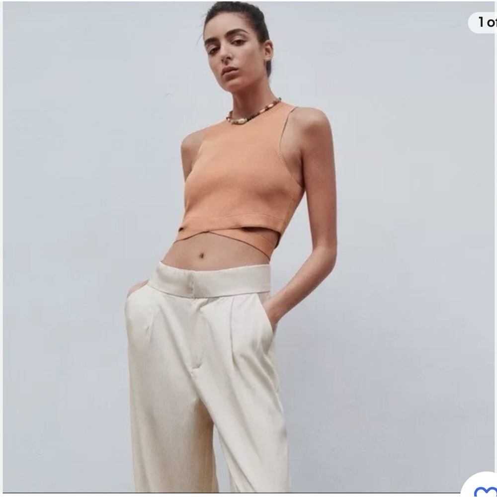 Zara Women's Orange Knit Cut Out Crop Top Blouse